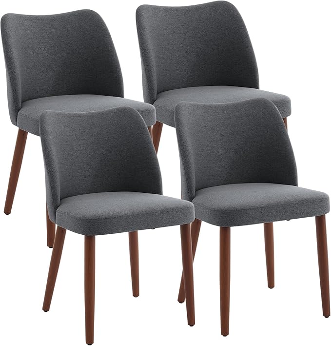 Dining Chair Set of 2, Linen Upholstered Dining Chair with Wood Legs, Wing Ba...