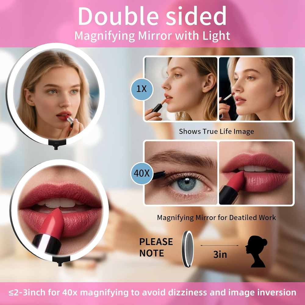 Double Sided 1X/40X Travel Magnifying Makeup Mirror with Light, Foldable