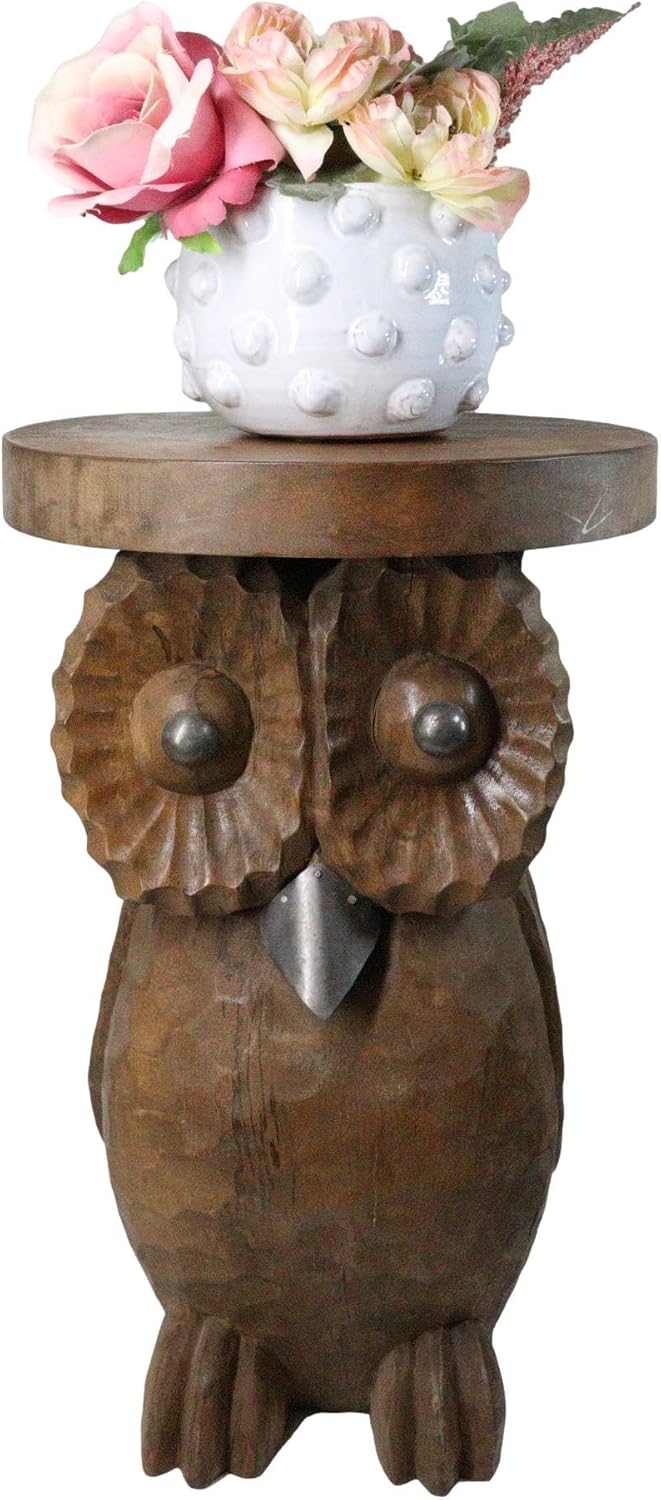 Ebros Gift Hand Carved Whimsical Wise Owl Round Top Sculptural Side Table Mad...