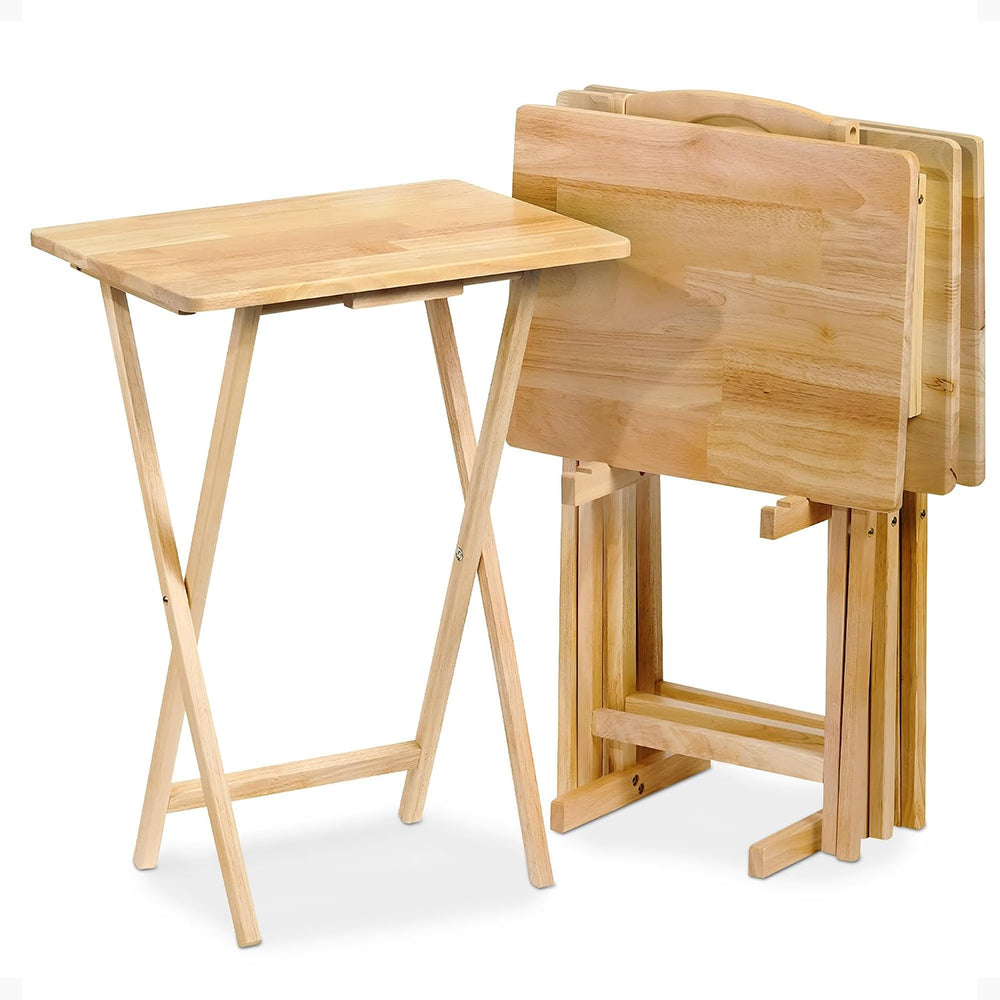 PJ Wood - 5-Pack Folding TV Tray Tables - Wooden Set with Storage Rack | Soli...