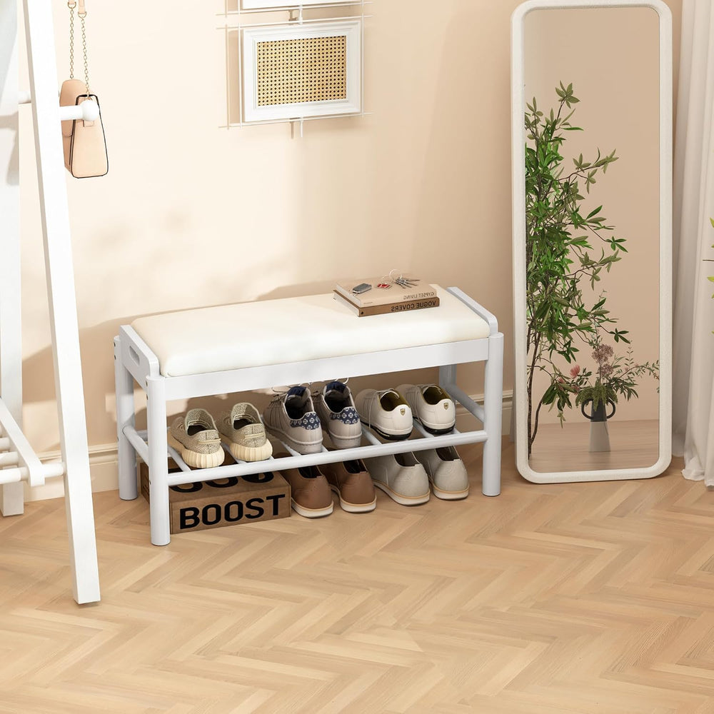 Shoe Storage Bench with Cushion - 2 Tier Shoe Rack for Front Door Entrance, W...