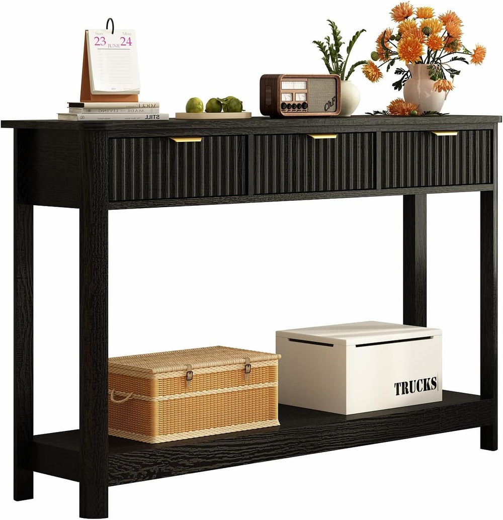 RUSTOWN Fluted Wood Console Table with 3 Drawers, Boho Narrow Behind Couch En...