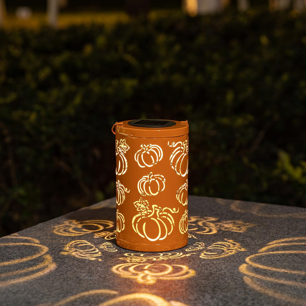 Glitzhome 10.75" H Fall Metal Pumpkin Lantern Decor Solar Powered LED La...