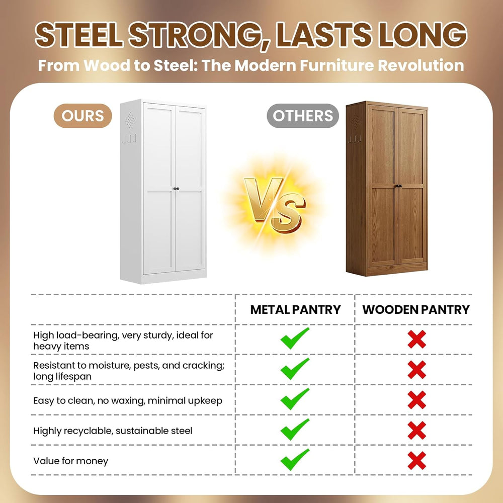 Metal Pantry Cabinet, 61" Kitchen Pantry Cabinet with 2 Doors and 4 Adju...