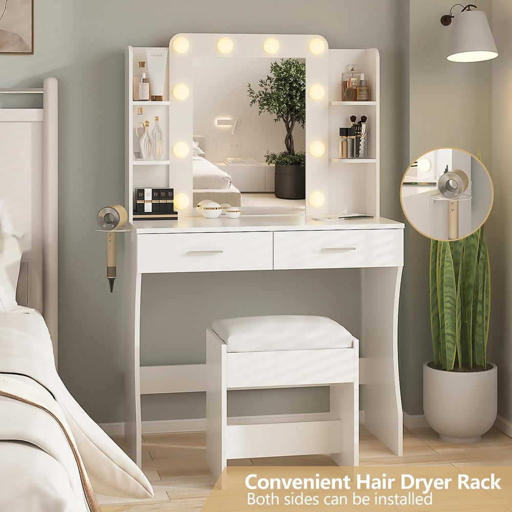 Vabches White Makeup Vanity Desk with Lighted Mirror & Charging Station |...