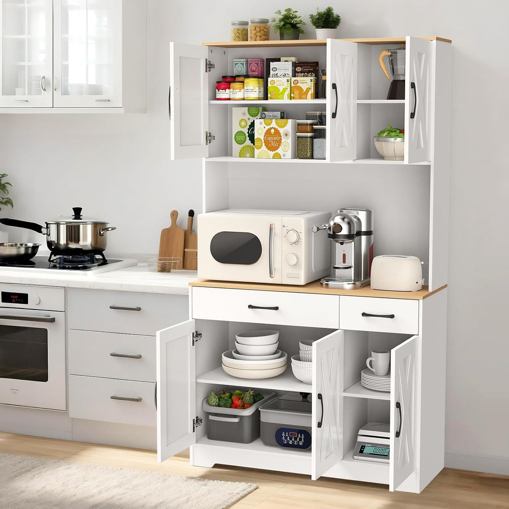 42" Tall Kitchen Pantry Storage Cabinet with Microwave Stand, with Charg...