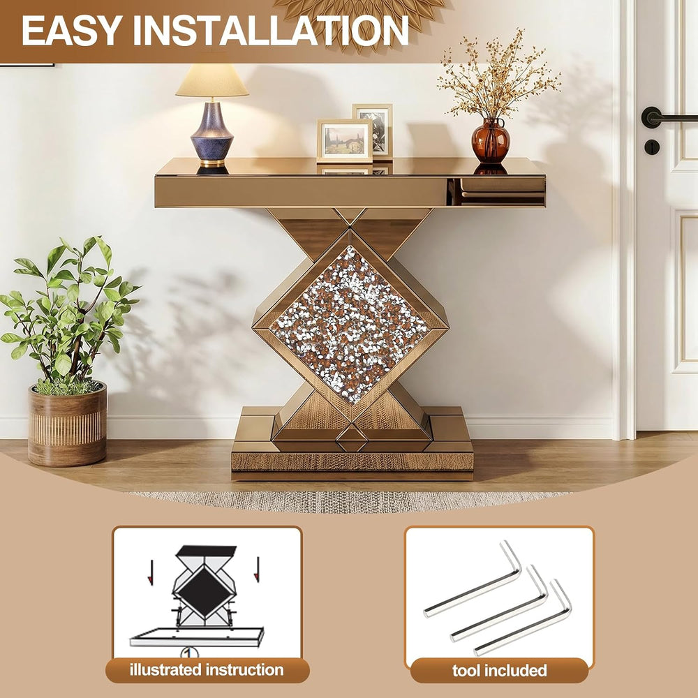 Tea-Colored Mirrored Console Table with Crushed Diamond lnlay, 32" Long ...