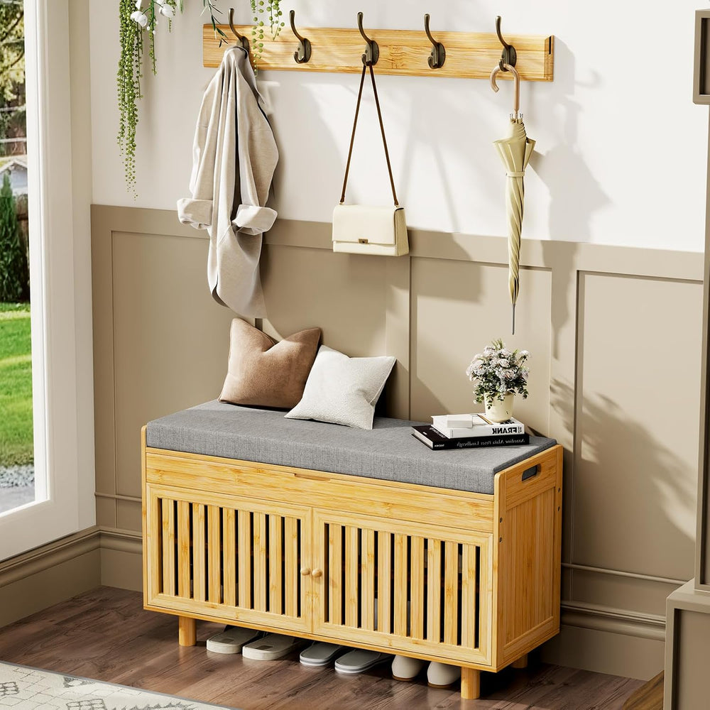 Shoe Storage Bench Coat Rack Set, 35.4" Bamboo Hall Tree Entryway Bench