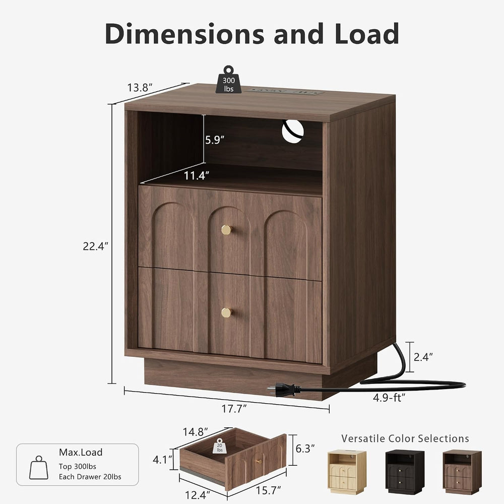 FORTUNETEC 17.7" Nightstand with Charging Station, Arched Design, Walnut