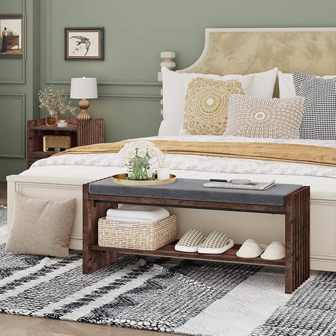 BON AUGURE Entryway Bench with Shoe Storage, 2-Tier Shoe Rack Bench with Cush...