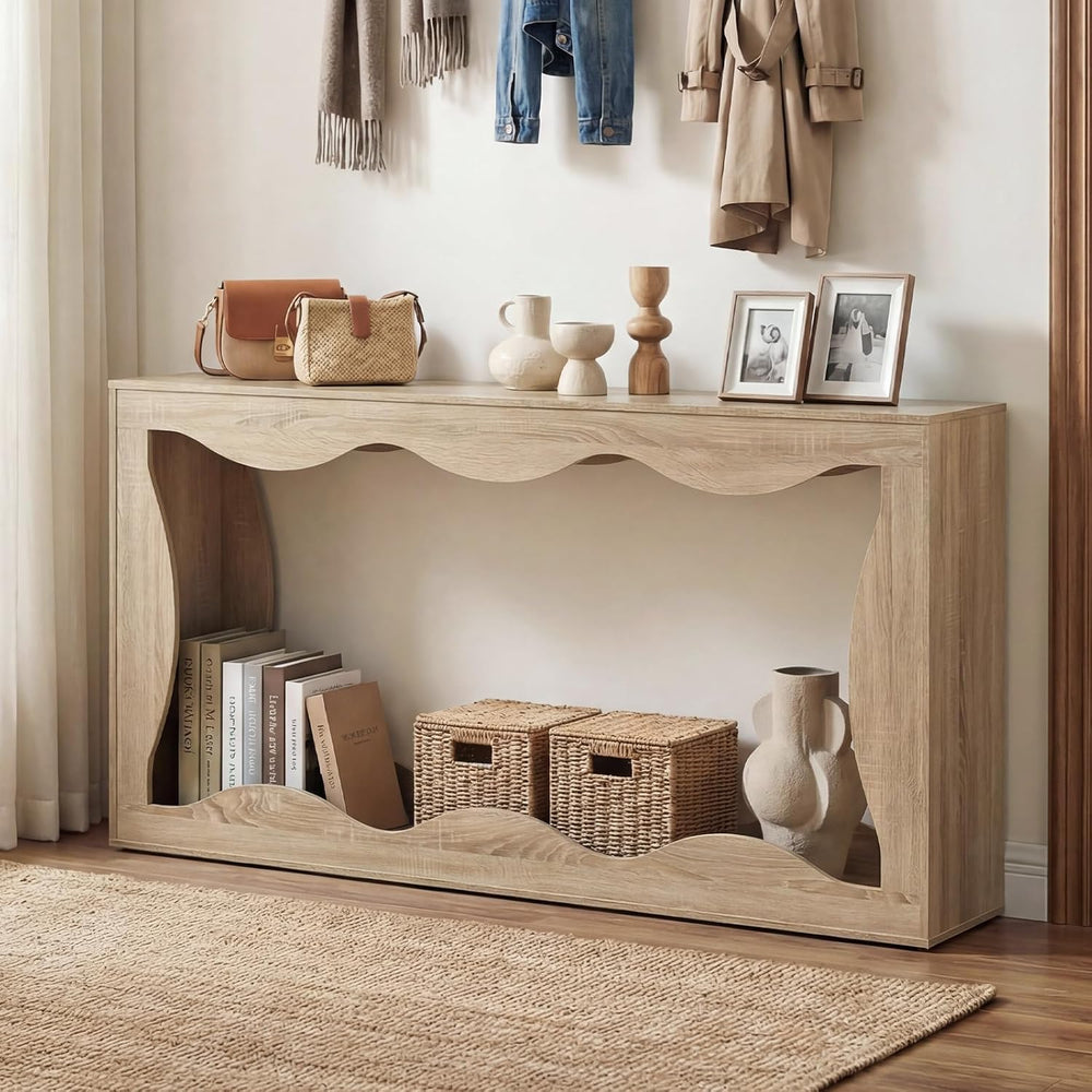 GIANTEX 63" 2-Tier Farmhouse Console Table with Built-in Wavy Storage Sp...