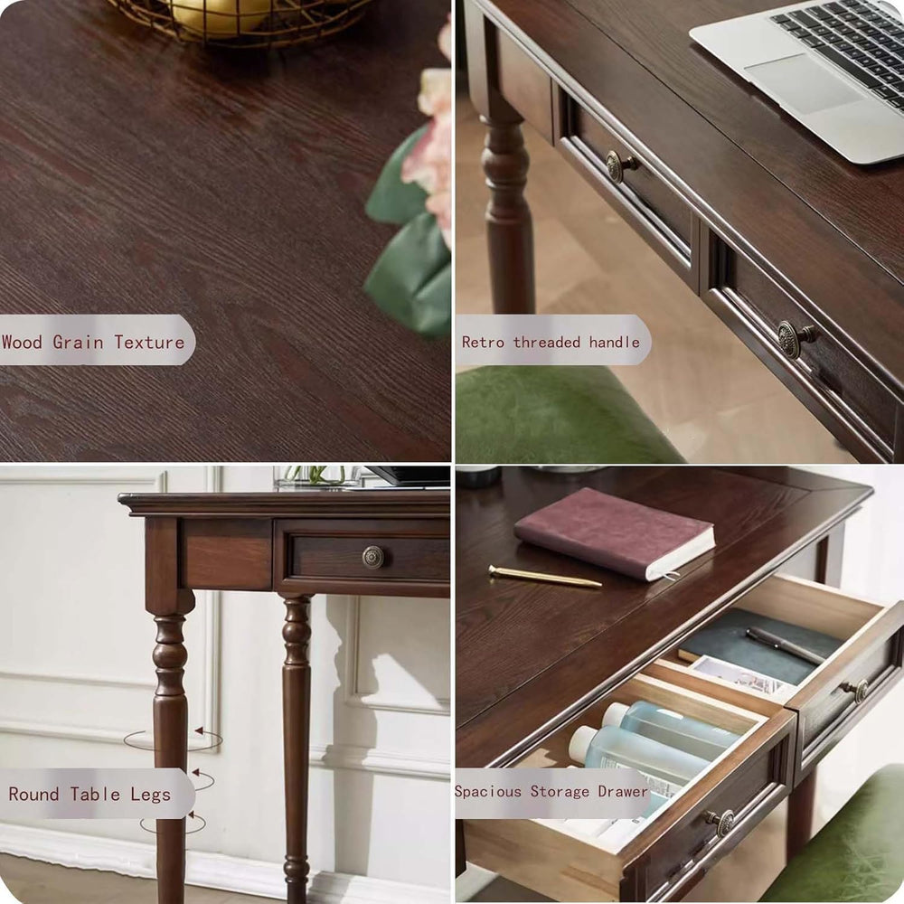47 Inch Solid Wood Computer Writing Desk with Drawers, Walnut