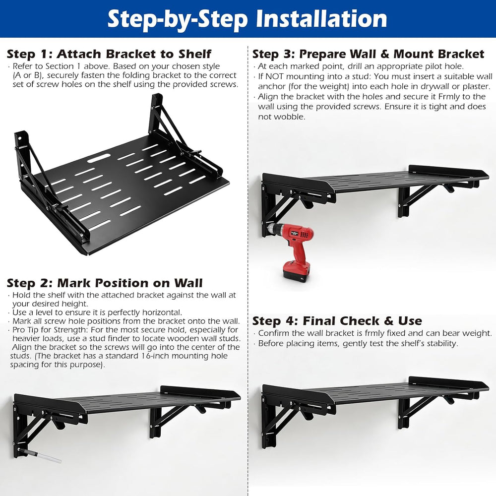 Folding Wall Mount Shelf, 16.9x11 Inch Metal Floating Shelf with Lip, Cable H...