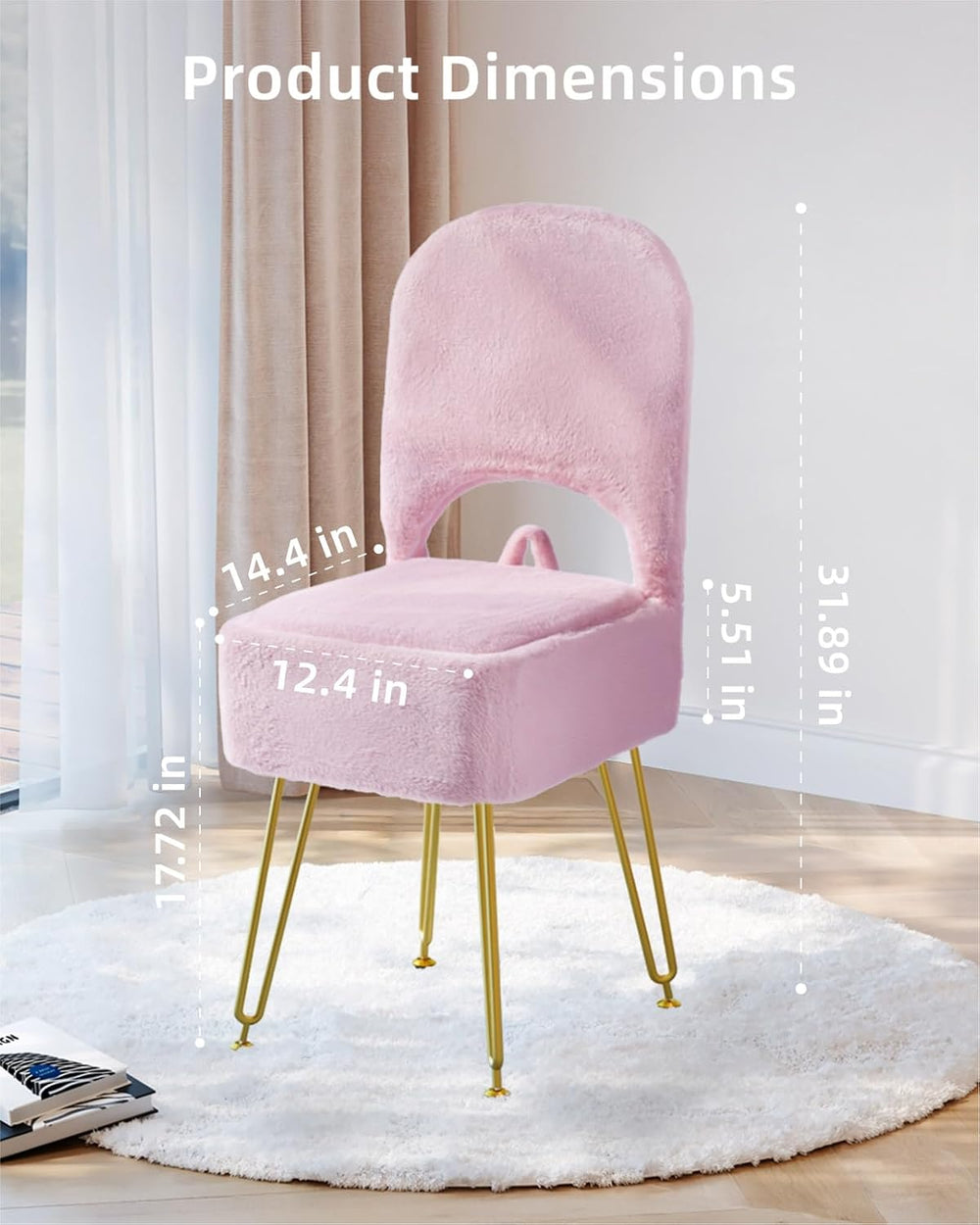 Pink Vanity Chair with Storage and Back for Teens - Faux Fur Makeup Vanity St...