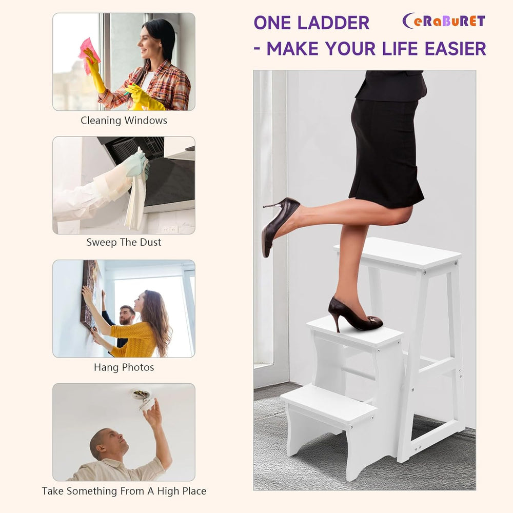 Solid Wood Folding Library Ladder Chair, Lightweight Portable Multifunctional...