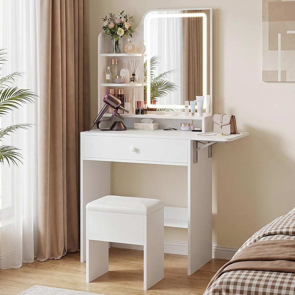 Haewon Small Makeup Vanity Set with Lighted Mirror and Chair, White | Built-I...