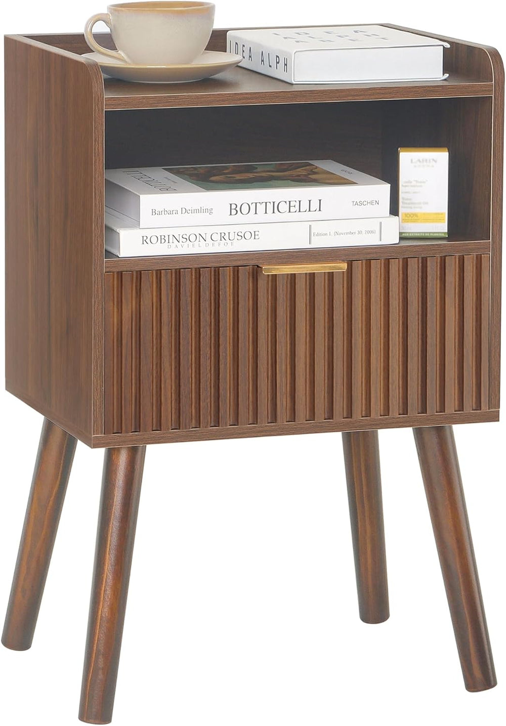 Night Stand, Mid Century Modern Nightstand with Fluted Drawers and Open Shelf...