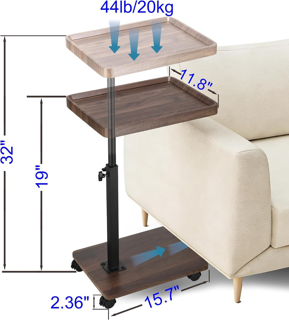 C Shaped End Table for Couch, Adjustable Height C Shaped Side Table with Whee...