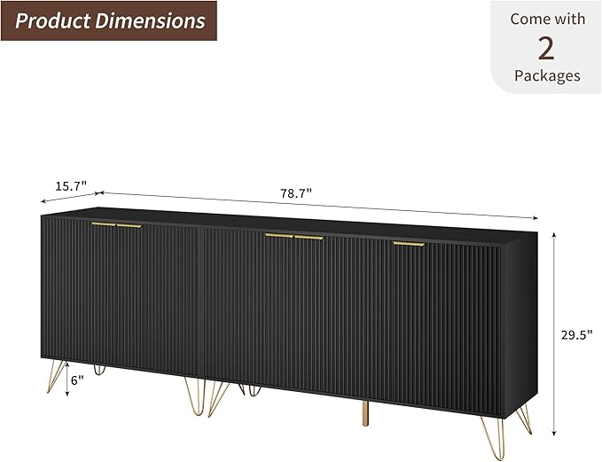 Fluted TV Stand for 80 Inch TV, Modern TV Stand Console, Black Entertainment ...