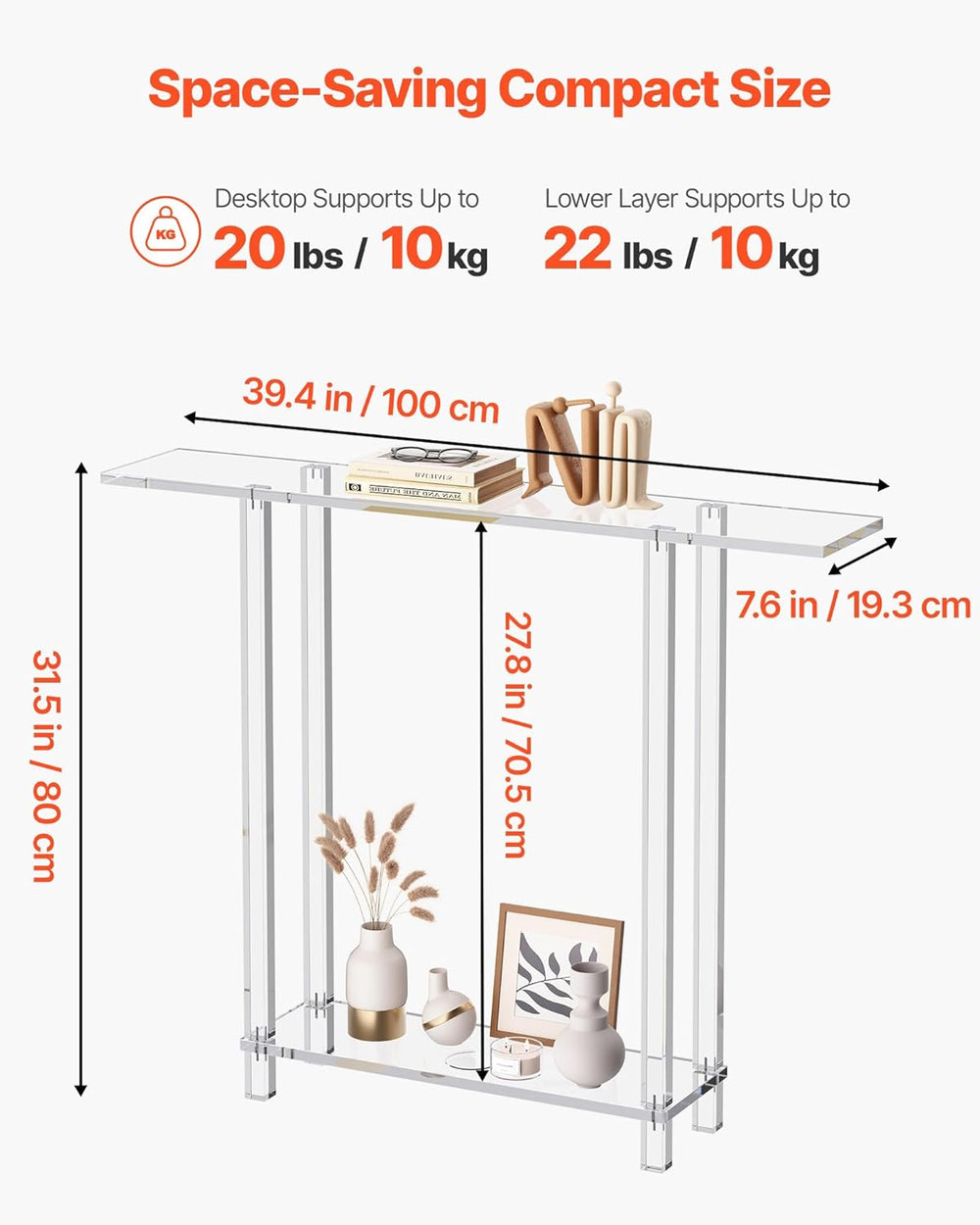 VEVOR Acrylic Narrow Console Table for Entryway, Clear Skinny Entry Side Tabl...