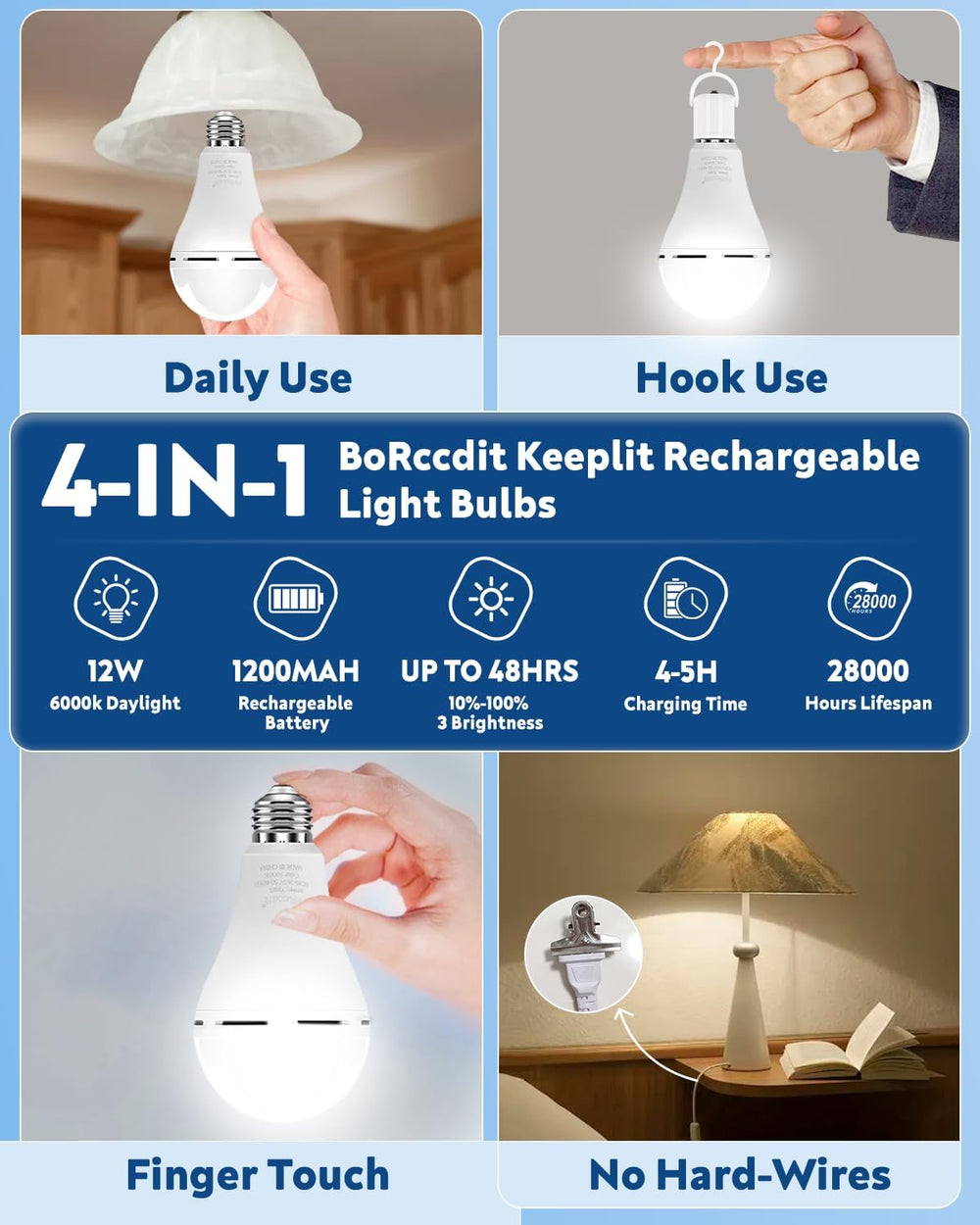 KeepLit 6 Pack Emergency Rechargeable Light Bulbs, 48H Long Lasting & 3 B...