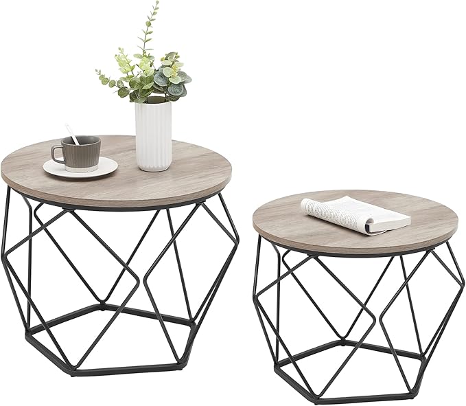VASAGLE Small Coffee Table Set of 2, Round Coffee Table with Steel Frame, Sid...