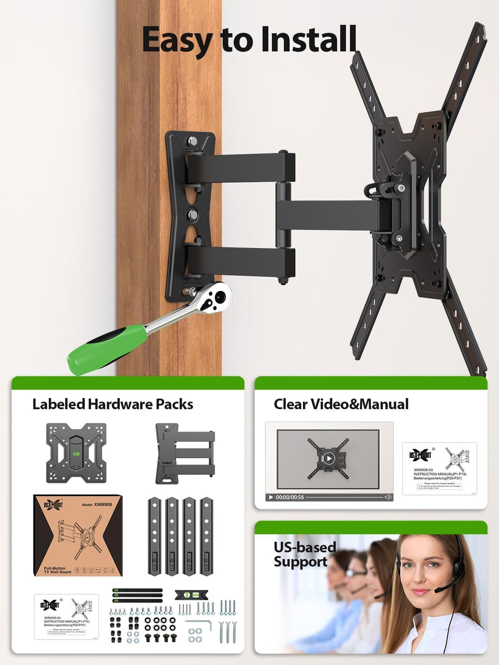 USX MOUNT UL Listed Full Motion TV Mount, Swivel Articulating Tilt TV Wall Mo...