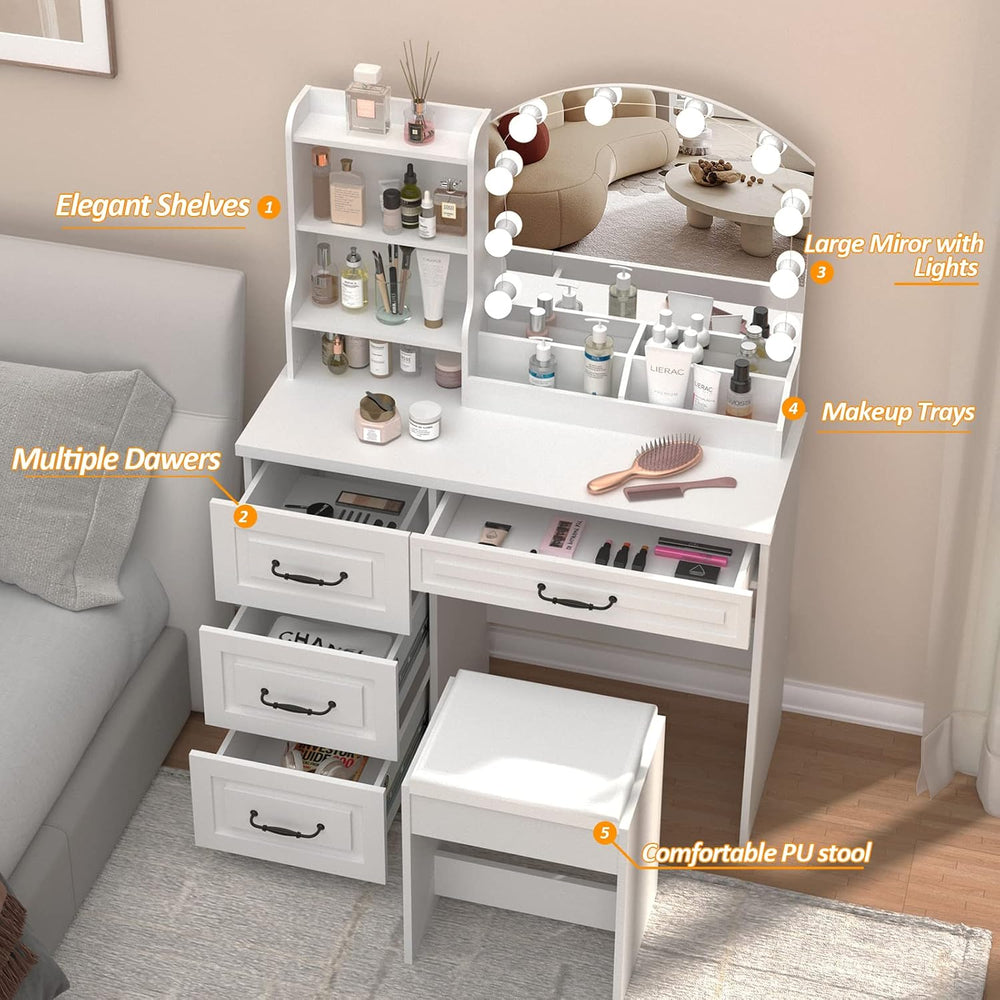 Vabches Vanity Desk with Mirror and Lights,Makeup Vanity Set for Bedroom | Wh...