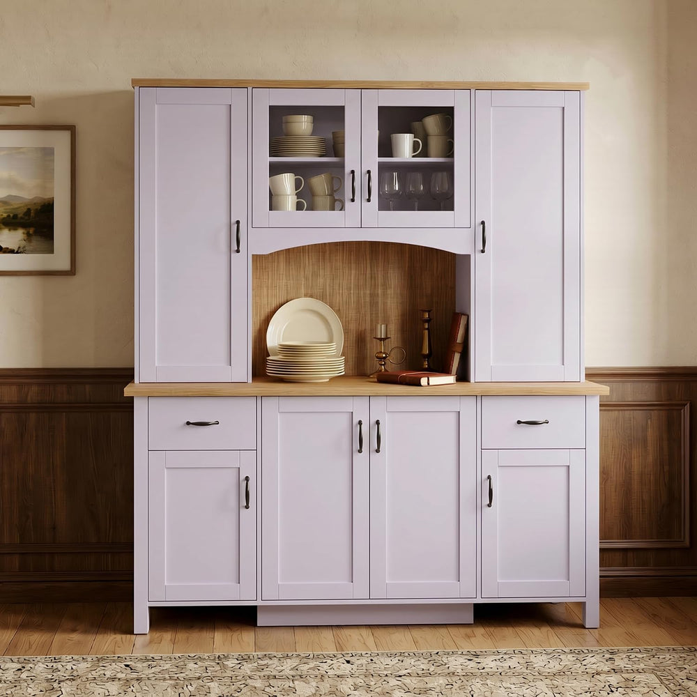 78.7” Farmhouse Kitchen Pantry Cabinet with Glass Doors & Hutch, Tall Pan...