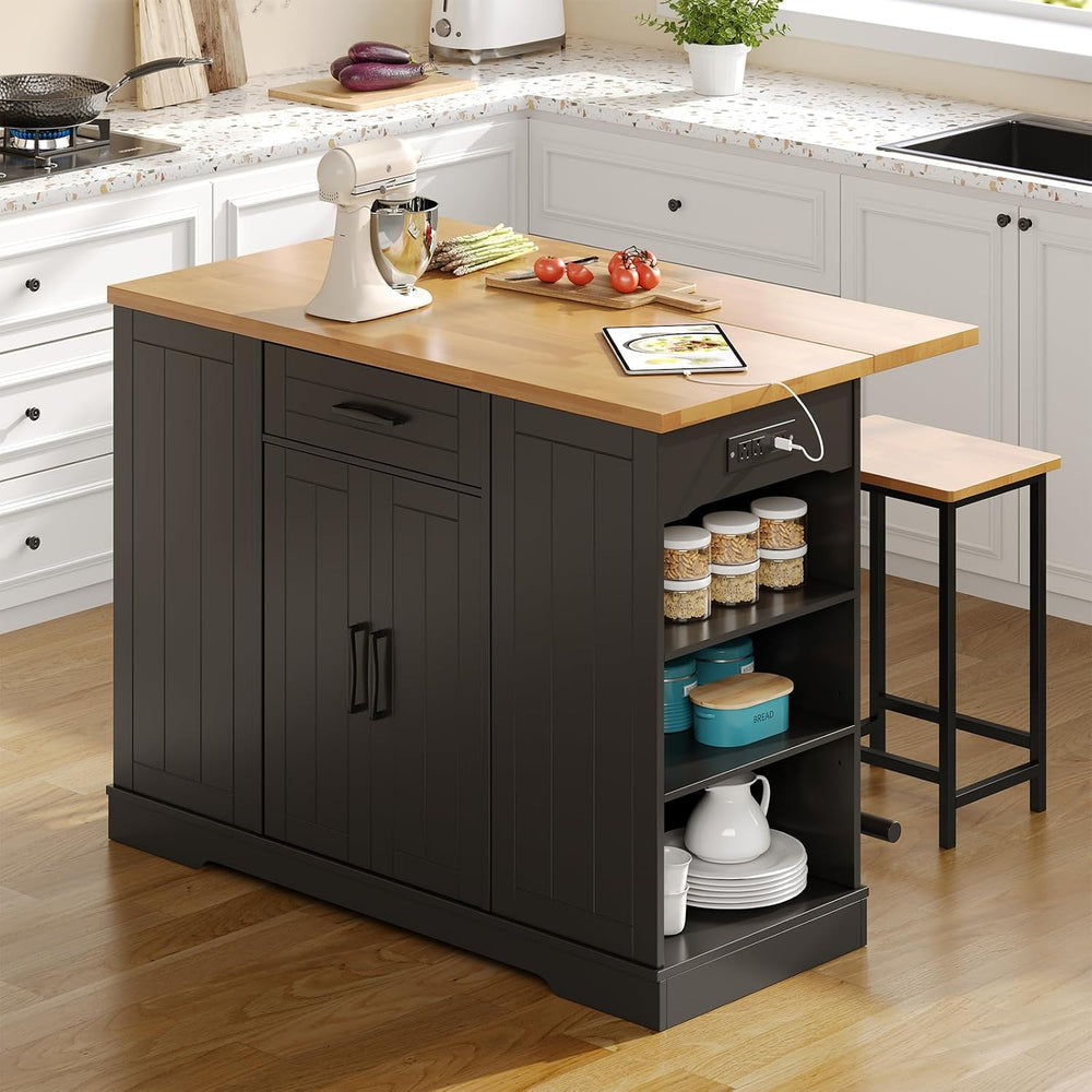 47" Kitchen Island with Seating, Include 2 Chairs, Black | Stationary Is...
