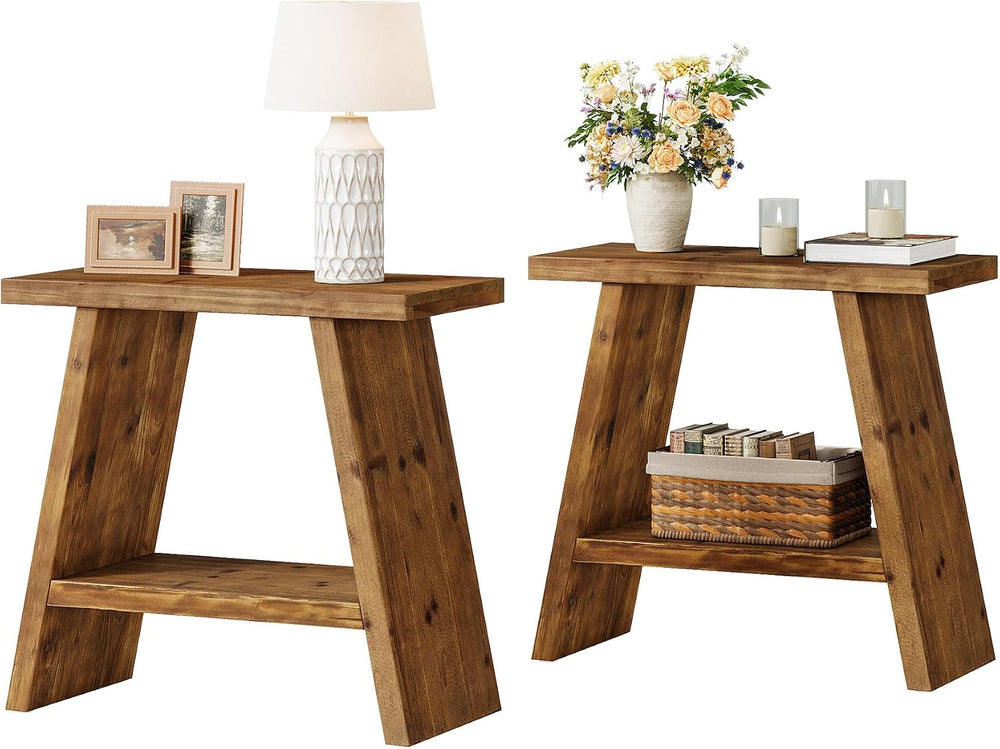 Solid Wood End Table for Living Room Set of 2, Narrow Small Side Table with 2...