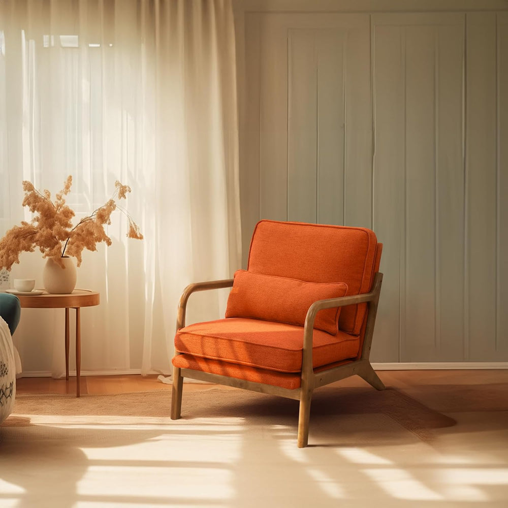 Bonnlo Linen Burnt Orange Mid Century Modern Accent Chair, Soild Wood Padding...