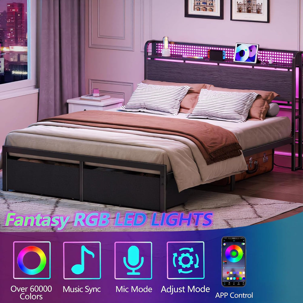 Queen Bed Frame with Storage Headboard,Charging Station,2 Drawers