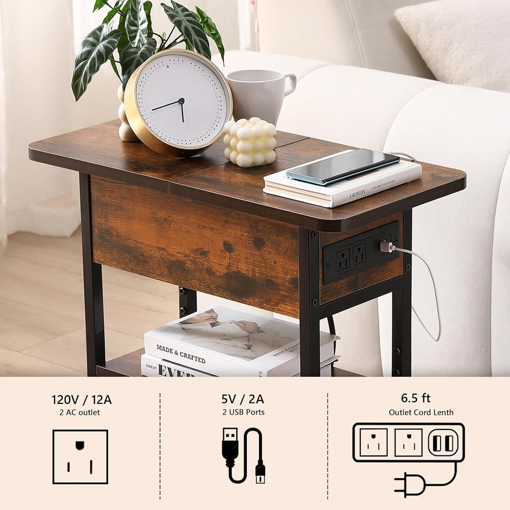 End Table with Charging Station, Narrow Side Table with USB Ports & Outle...