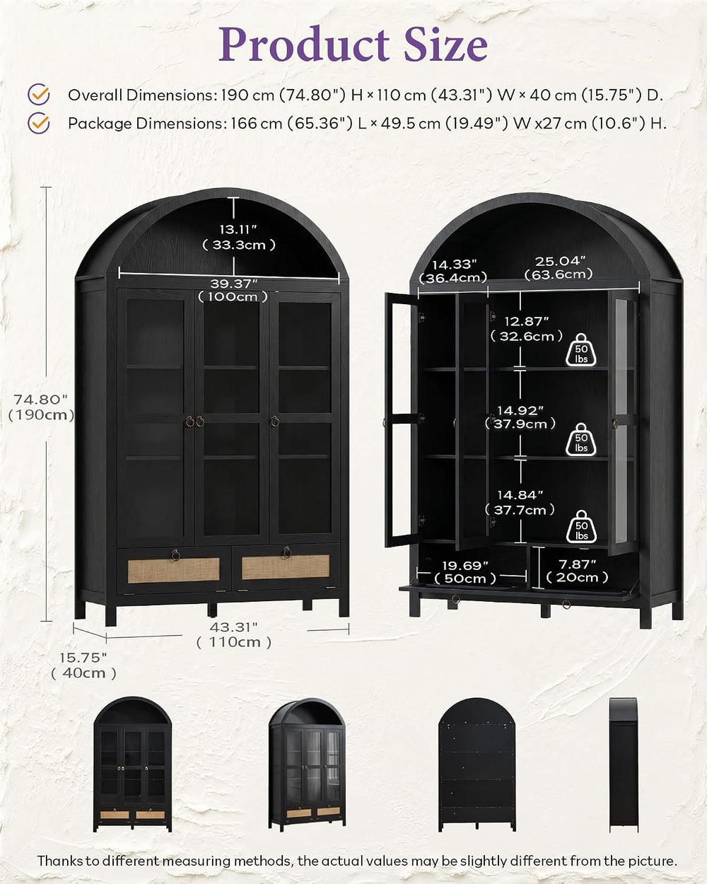 TYBOATLE 75'' Arched Cabinet with 3 Glass Doors, Pantry Cabinet for K...