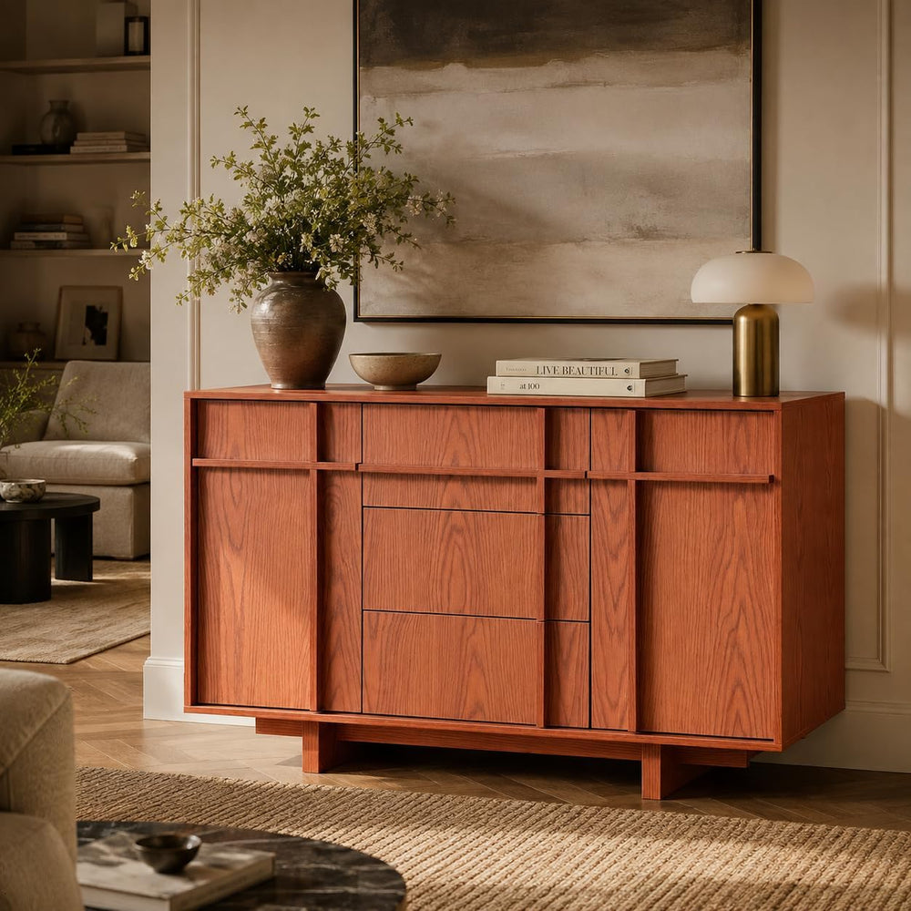 47.2" Buffet Cabinet with Storage, Skeleton Line Design, Cherry