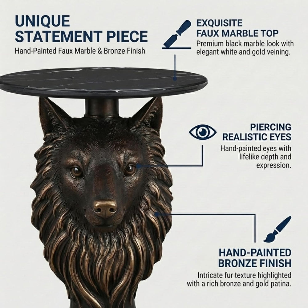 Wolf Head Side Table, Round End Table with 17.72" Black Faux Marble Top,...