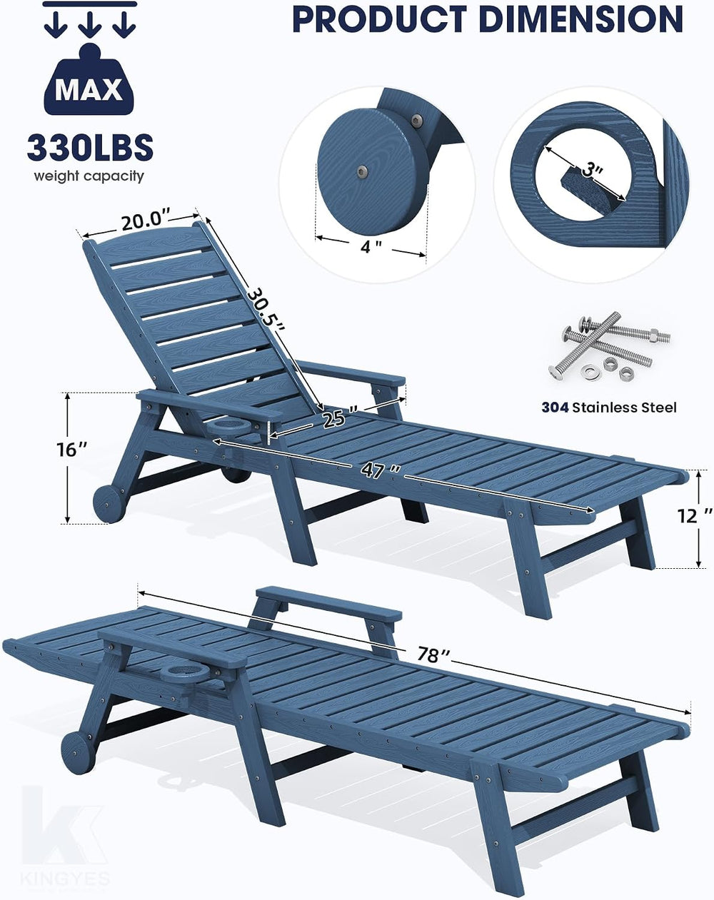 KINGYES HDPE Lounge Chair Outdoor Set of 2, All Weather Pool Lounger