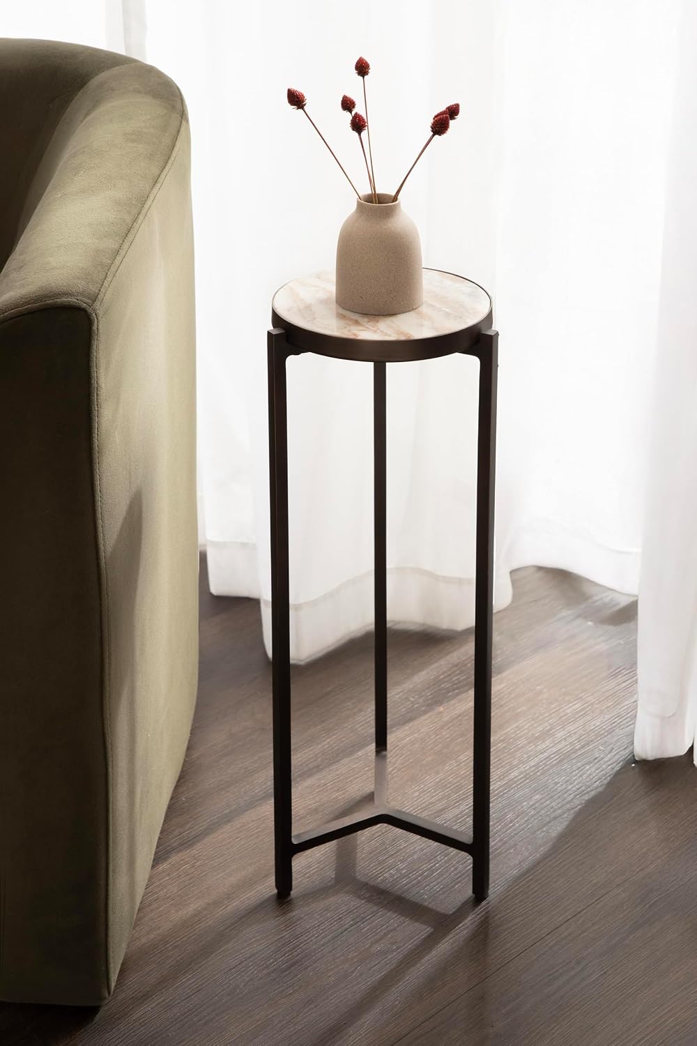 Kate and Laurel Aguilar Modern Round Drink Table, 9 x 9 x 23, Brown Marble an...