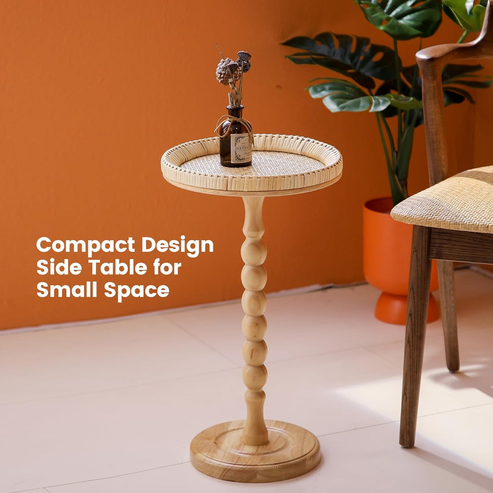 Drink Table,Rattan Round Small Side Table for Small Spaces, Boho Circle End T...