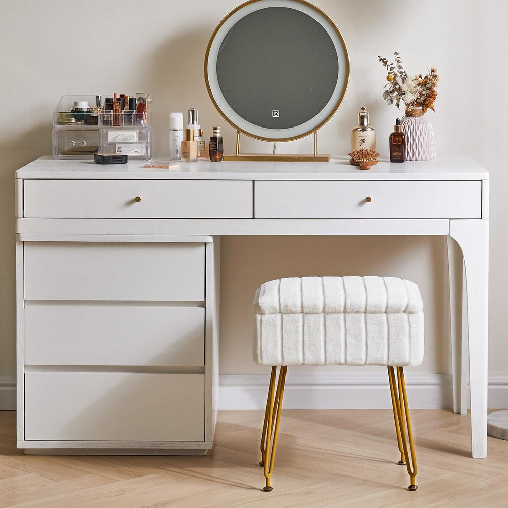 IBUYKE Vanity Chair with Storage, Faux Fur Footrest Ottoman, White LG-50W | S...