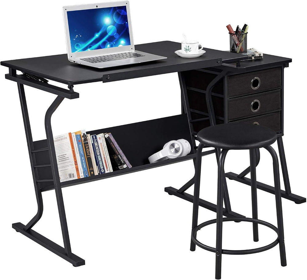 Yaheetech Tilting Drafting Table Art Craft Desk with Stool, Drawers, Black | ...