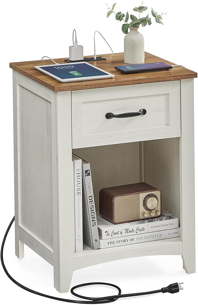 VASAGLE LIRY Collection - Farmhouse Nightstand with Charging Station, Bedside...