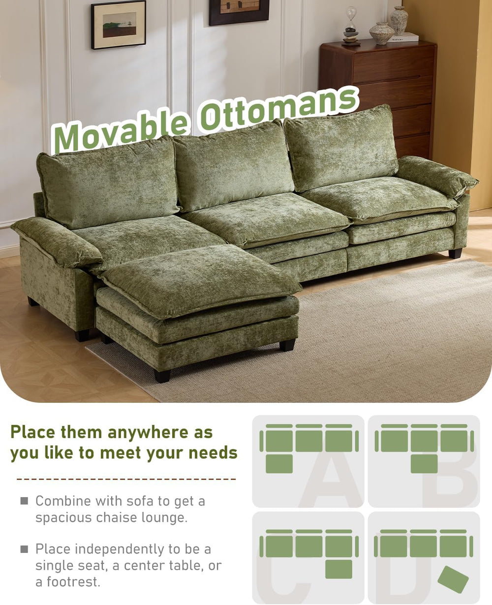 Karl home 122" 3-Seat L-Shaped Sectional Couch, Green | Movable Ottoman,...
