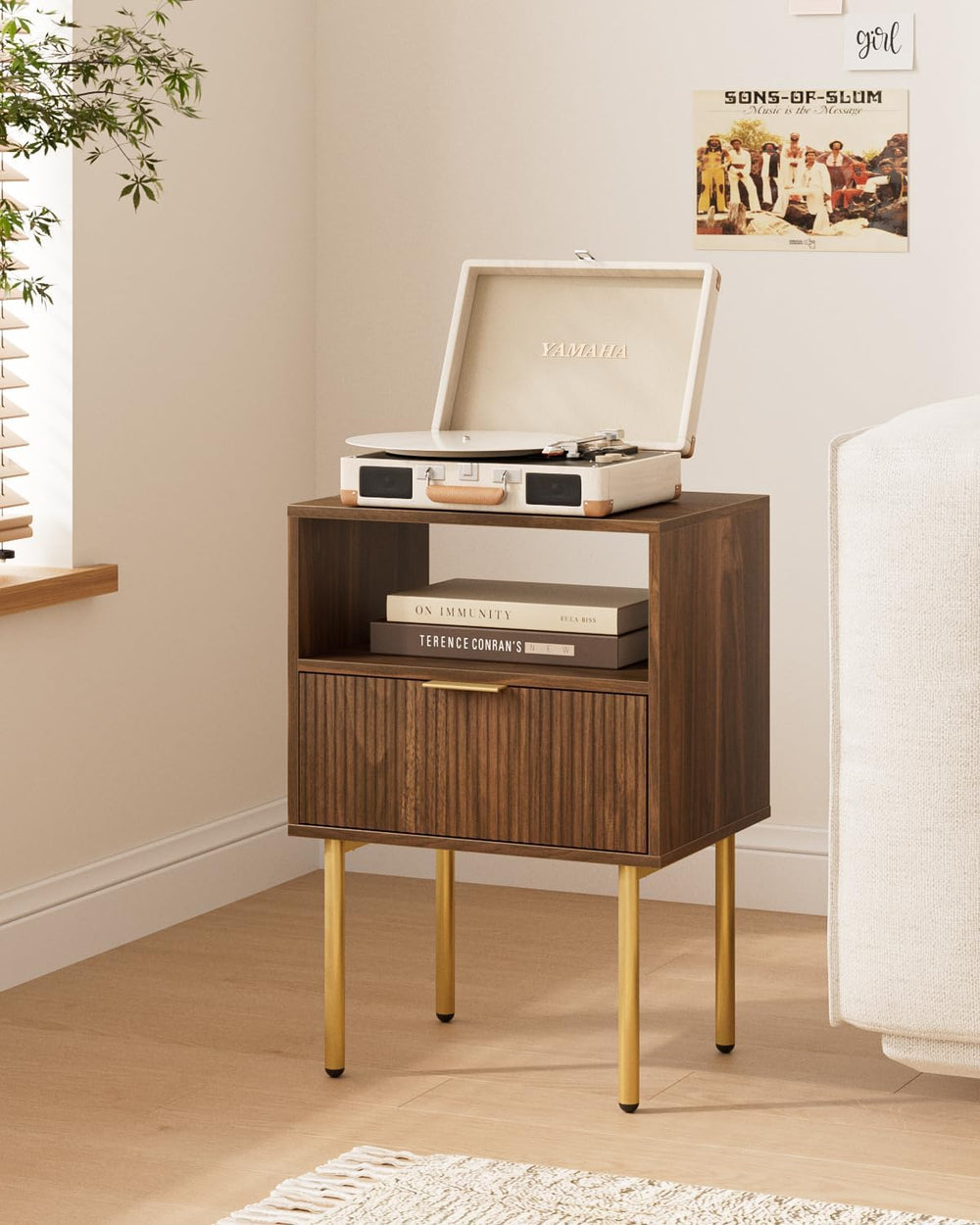 Nightstand,Small Bedside Table with Gold Frame,Walnut Night Stand,Bedside Fur...