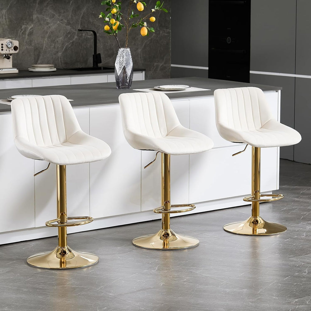 Barstools Set of 3, Golden-Cream, Adjustable Swivel Bar Stools | With Back, A...