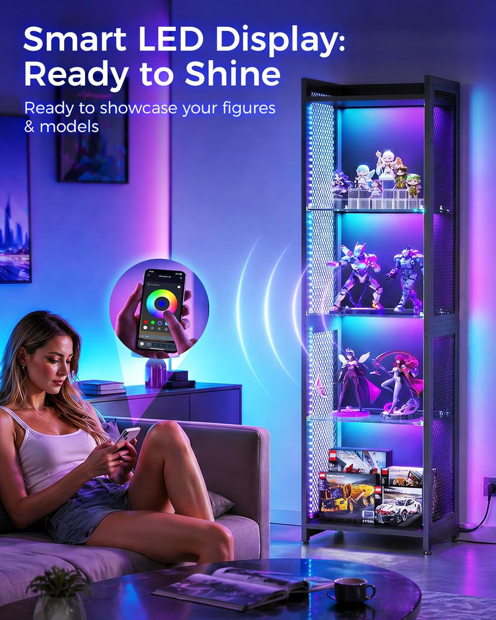 AODK Display Case with LED Lights, Display Cabinet with Open Glass Shelves fo...