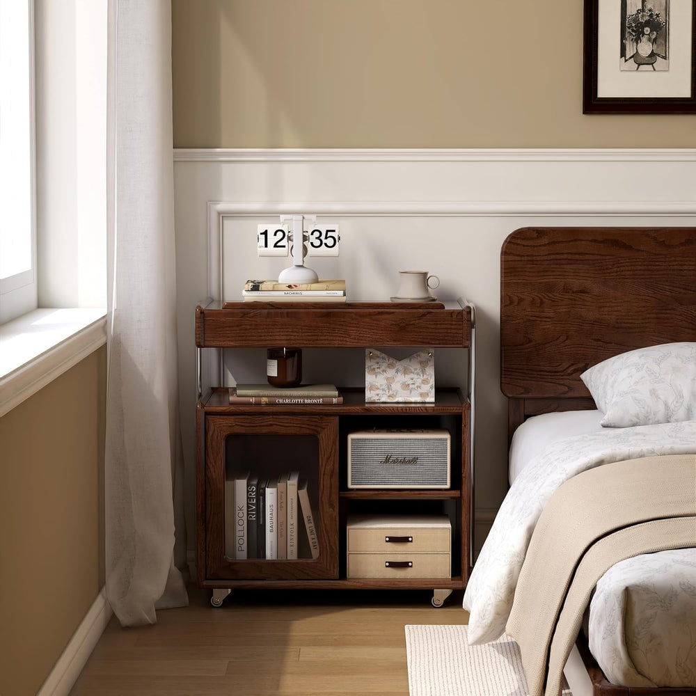 Solid Wood Side Table for Living Room, Bedroom, Walnut | Movable, Flip Top, 7...