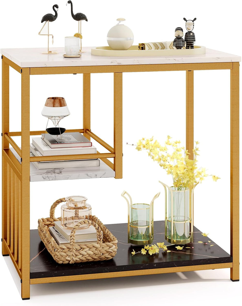GOFLAME Faux Marble End Table, 3-Tier Sofa Side Table with Storage Shelves, G...