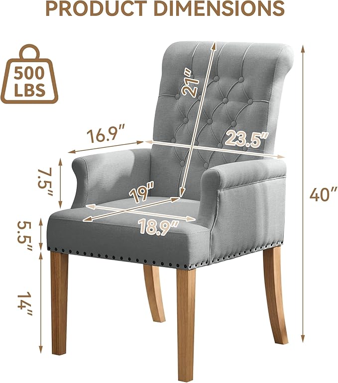 Fabric Dining Chair with Arms, Upholstered Tufted High Back Dining Room Chair...
